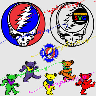 Grateful Dead Skull SVG,  EPS, PNG, Dancing Bear [all layered by color file]