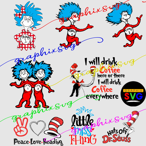 Dr. Seuss Svg Bundle, Cat In The Hat SVG, Green Eggs And Ham Svg, Thing 1 And 2